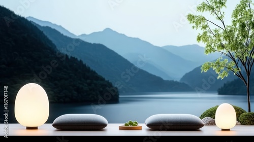 Serene landscape with soft lighting and natural elements.