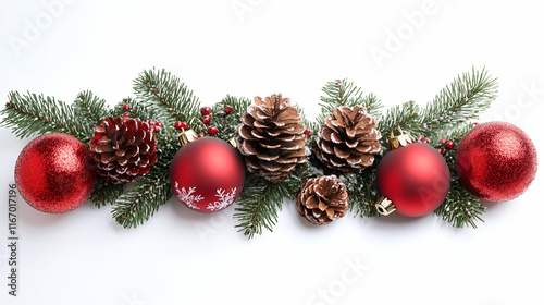 Christmas-themed border with red ornaments and pine cones on a clean white surface for seasonal decorations
