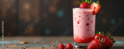 Tall glass filled with creamy strawberry taho topped with fresh strawberries, strawberry, refreshing drink, topping photo