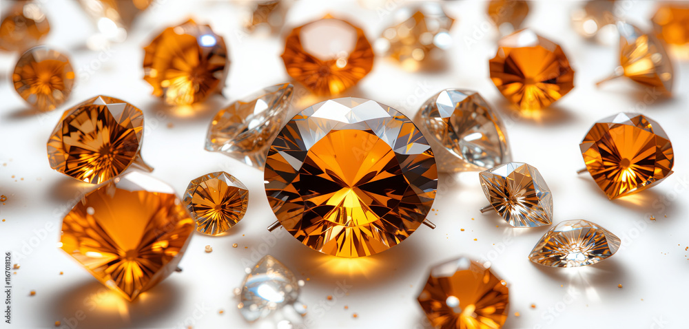 An array of sparkling orange and clear gemstones scattered across a smooth surface, capturing and refracting light beautifully, showcasing intricate cuts and reflections