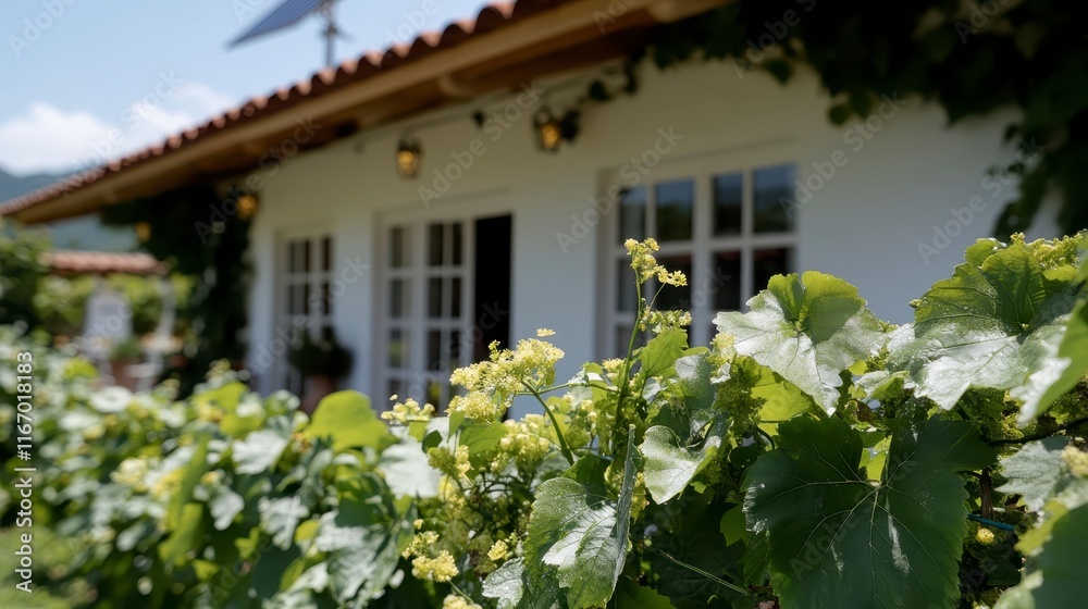 Fototapeta premium Lush Vineyard Vines Growing Before White House Exterior Sunny Day