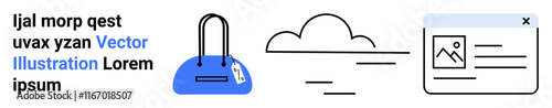 Travel bag with tag, a minimalist cloud icon, and a web page window with text and image placeholder. Ideal for travel, web design, tech, minimalism, cloud storage, packing tips content management