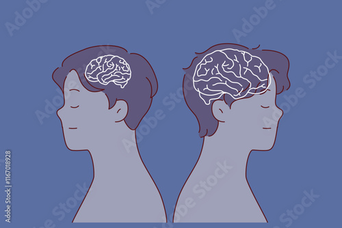 Stupid and smart man stand side by side, with silhouette of brain of different sizes, for concept of differences in people intelligence. Guy with giant brain, thanks to erudition, is next to fool