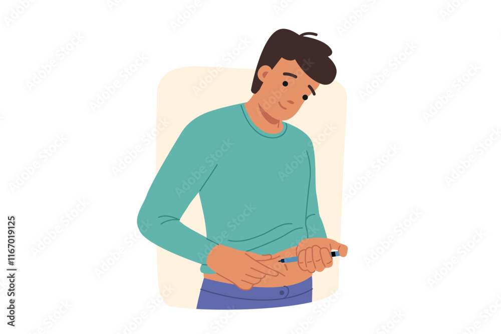 Man does diabetes insulin test by sticking syringe into stomach to prevent sugar control. Guy struggling with diabetes to avoid complications and occurrence of severe form of disease that causes death