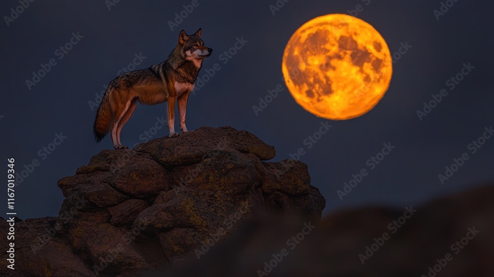 Lone wolf standing on a rock, gazing at a large orange moon in the night sky. Lone wolf standing on a rock, gazing at a large orange moon in the night sky.