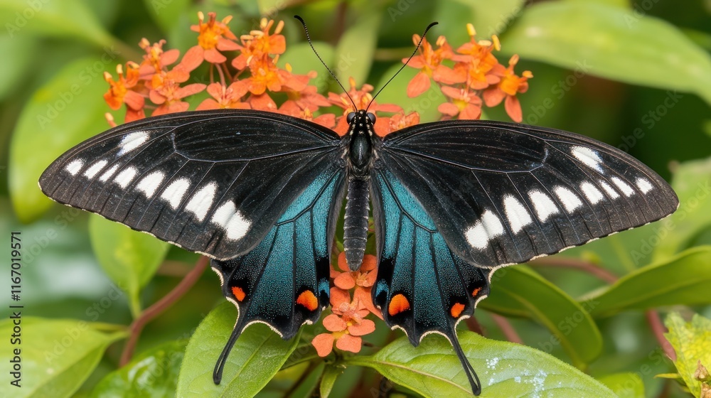 Close-up of a black and turquoise butterfly with white markings perched on vibrant orange flowers. Close-up of a black and turquoise butterfly with white markings perched on vibrant orange flowers.