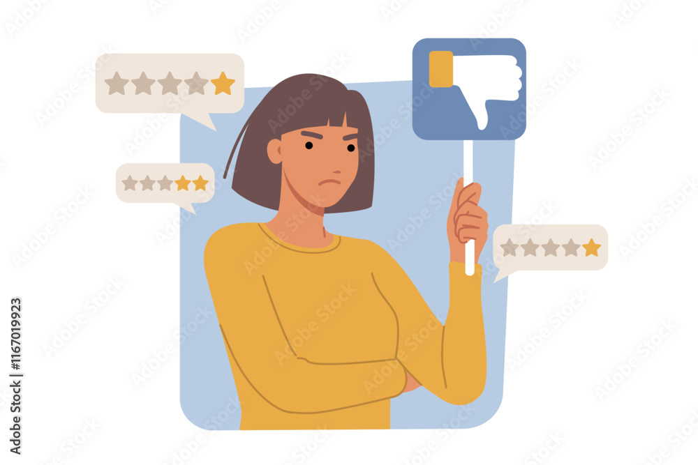 Dissatisfied woman customer gives bad ratings and spoils company reputation due to negative user experience. One star and thumbs down from girl internet app users because of negative user experience
