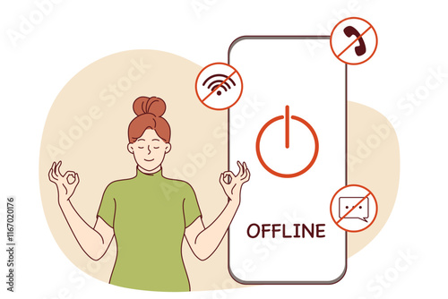 Digital detox for woman meditating near switched off mobile phone to restore psychological health. Importance of digital detox to avoid unnecessary stress caused by bad news and online bullying