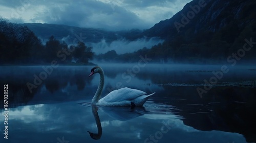 Fototapeta Naklejka Na Ścianę i Meble -  Solitary swan gracefully gliding on a misty lake at twilight, reflecting in calm water against a dramatic mountain backdrop.