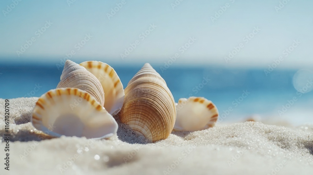 Seashells on sandy beach near ocean. Seashells on sandy beach near ocean.