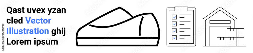 Black and white shoe, checklist, warehouse icons. Ideal for e-commerce, inventory, logistics, warehouse management, retail, shopping, supply chain. Landing page Black and white shoe, checklist, warehouse icons. Ideal for e-commerce, inventory, logistics, warehouse management, retail, shopping, supply chain. Landing page