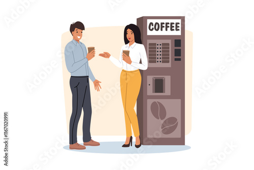 Man and woman office employees are flirting standing at coffee machine, taking break from work. Positive cells discussing latest corporate news and drinking drink to restore energy