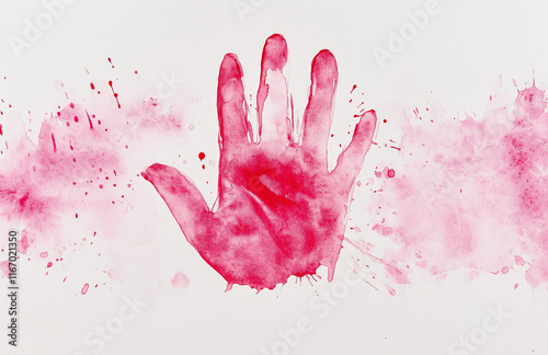  A bright red paint splatter on white paper, colorful ink dots, and handprints. The background is a white wall with splashes of pink color. In the center, there's an abstract shape resembling two ha