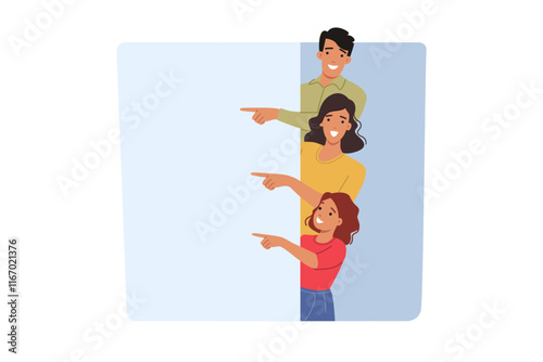 Happy family showing white banner and pointing with finger at place to commercial offer. Announcement from positive family with advertising account for marketing campaign and attracting customers