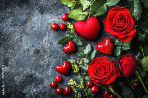 Red hearts and roses on dark ground with space for text, Valentine's Day Card, Background