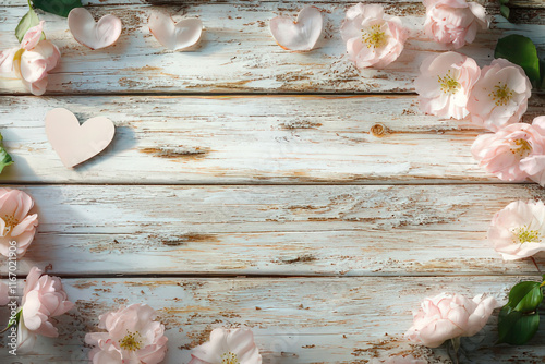 Hearts with flowers on wooden ground with space for text, Valentine's Day Card, Background