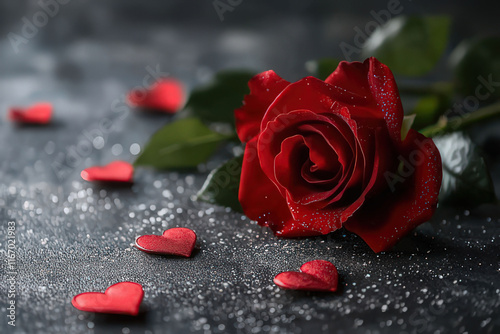 Red rose with glitter und small red hearts on a dark glitter ground, Valentine's Day Card, Background