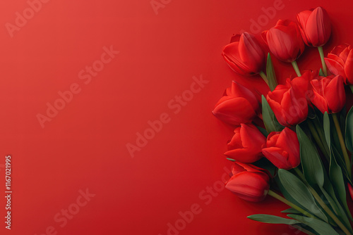 Red Tulips on red ground with space for text, Valentine's Day Card, Background