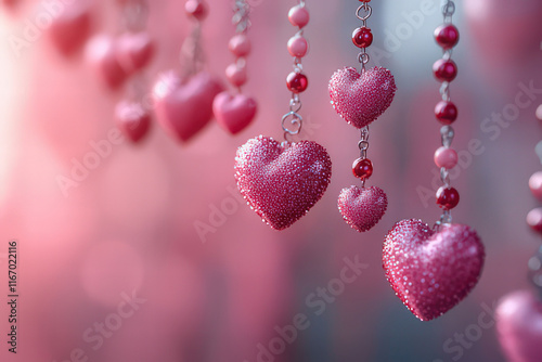 Pink and red glitter hearts on pink bokeh background with space for text, Valentine's Day Card, Background