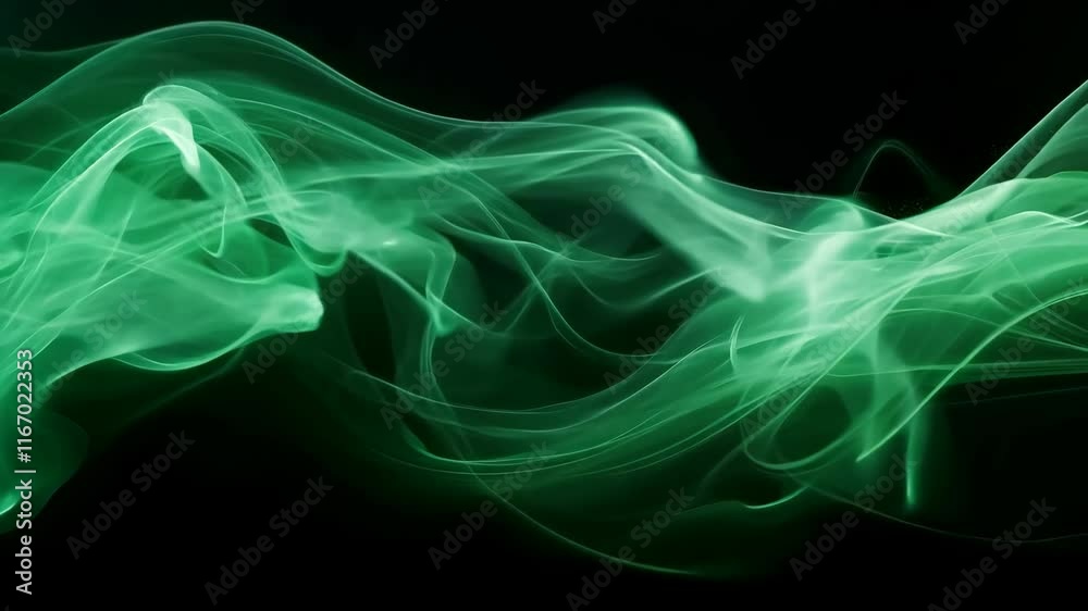 Green smoke creating elegant shapes on a dark background