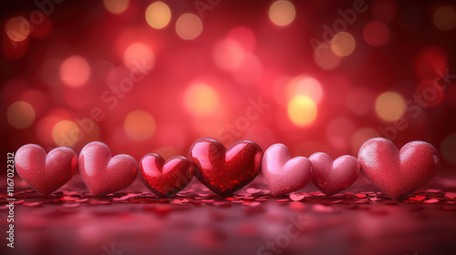 Pink and red hearts on pink bokeh background with space for text, Valentine's Day Card, Background