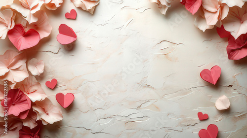 Pink and red papercut hearts on a plain ground with space for text, Valentine's Day Card, Background