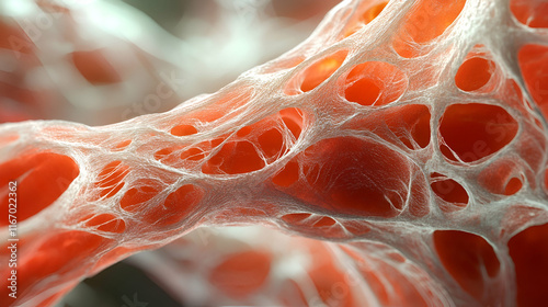 Conceptual representation of muscle fibers under strain showing signs of damage
