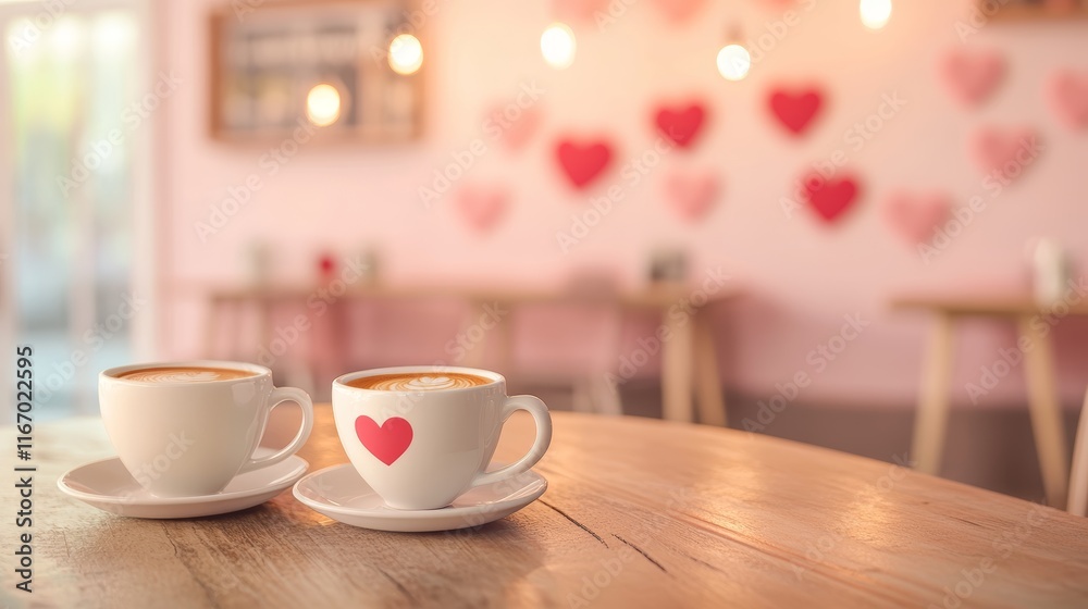 Fototapeta premium Cozy Coffee Cups with Heart Latte Art and Romantic Bokeh Lights 3