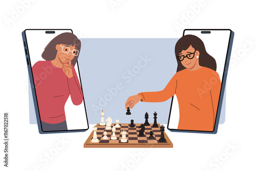 Two women play chess through mobile application on smartphones to practice strategic thinking. Online chess game for young girls demonstrating high intelligence in online tournament