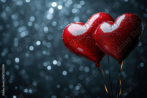 Red Heart shaped Balloons on dark glitter ground with space for text, Valentine's Day Card, Background