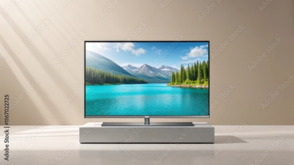 Fototapeta premium A sleek television displaying a serene landscape with mountains and a turquoise lake, set against a minimalist background.