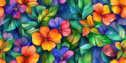 Wallpaper Mural Brightly colored flowers and lush leaves create an intricate pattern, showcasing a variety of shapes and arrangements, perfect for decorative design Torontodigital.ca