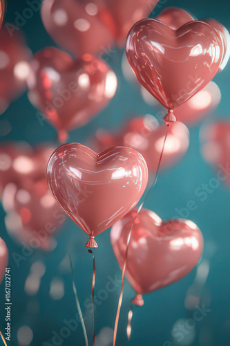Pink Heart shaped Ballons on teal gound, Valentine's Day Card, Background