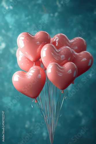 Pink Heart shaped Ballons on teal gound, Valentine's Day Card, Background