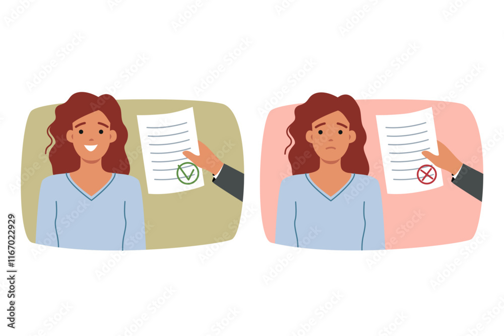 Document with permission or prohibition near woman who received notice from tax department. Girl smiles after receiving positive answer and is upset because of document with refutation