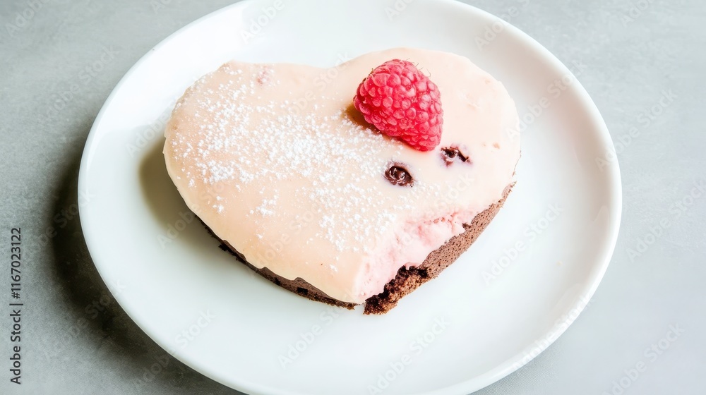 Delicious Heart Shaped Raspberry Chocolate Dessert on White Plate Delicious Heart Shaped Raspberry Chocolate Dessert on White Plate