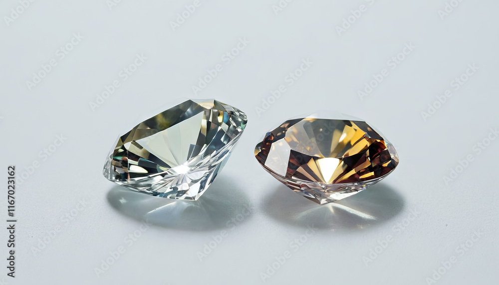 Two elegantly cut diamonds, one clear and the other in a warm hue, are placed side by side on a smooth white surface, reflecting light beautifully and highlighting their unique characteristics Two elegantly cut diamonds, one clear and the other in a warm hue, are placed side by side on a smooth white surface, reflecting light beautifully and highlighting their unique characteristics