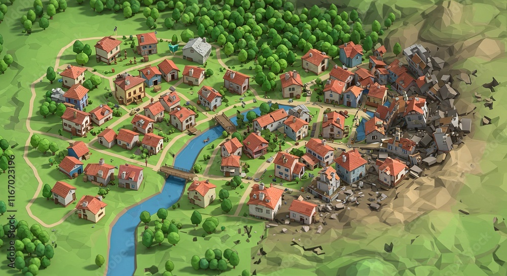 Obraz premium Charming River Village with Lush Greenery and Damaged Area. Exploring Contrasts in Rural Life.