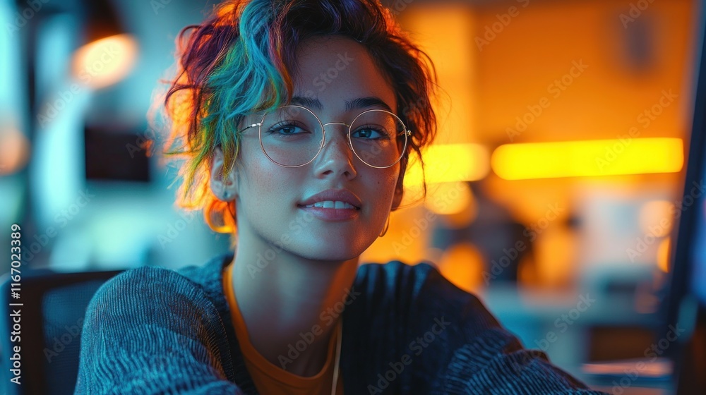 Happy gay female employee with blue hair in wheelchair in diverse and inclusive workplace during Pride month Happy gay female employee with blue hair in wheelchair in diverse and inclusive workplace during Pride month