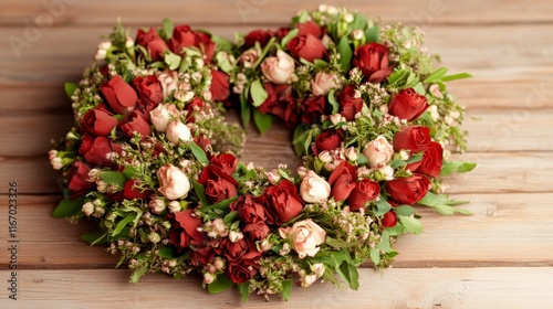 Romantic Heart Shaped Rose Wreath Red and Cream Roses Wooden Background Valentine s Day Floral