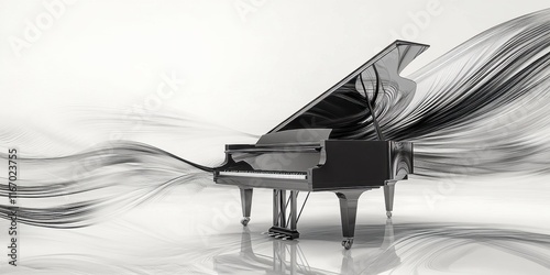 A sleek grand piano sits against a clean white background, with flowing black lines resembling musical notes emanating from it, creating a sense of harmony