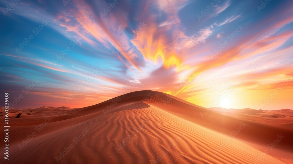 A vibrant sunset illuminates the tranquil desert landscape, casting warm hues over the rolling sand dunes and a colorful sky. A vibrant sunset illuminates the tranquil desert landscape, casting warm hues over the rolling sand dunes and a colorful sky.