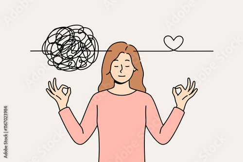 Woman meditates and demonstrates ability to maintain balance and clear head chaos caused by depressive state. Girls meditates raising arms in lotus position, using recommendations of yoga trainers