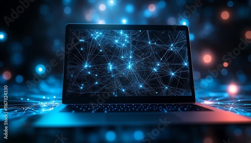 Modern laptop set against an abstract tech background, featuring interconnected nodes and circuits, symbolizing cuttingedge innovation and digital connectivity