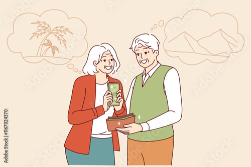 Cash stash for summer travel for seniors dreaming of trip to beach or cruise to island paradise. Cash stash for opportunity to go at tropical resort with palm trees and beautiful nature