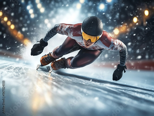 Speed skater races on an indoor rink during competition photo