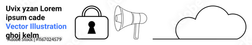 Padlock, megaphone, and cloud outline illustrating concepts of data security, communication, and online storage. Placeholder text present. Ideal for technology, security, cloud services