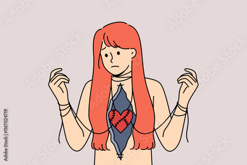 Unhappy love and problematic relationships upset woman with traumatized heart and tied hands. Unhappy love in sad girl in need of long-term psychological therapy to restore mental health