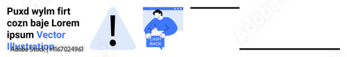 Exclamation triangle symbol for alerts, person holding a box labeled Return Back alongside editable text blocks. Ideal for warnings, alerts, e-commerce returns, notifications, guidelines