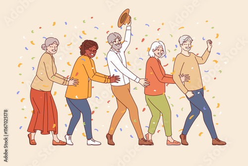 Party of elderly people dancing and standing in row, enjoying retirement and not having to work. Cheerful elderly man and woman together making energetic movements to music at party